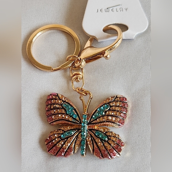 Beautiful Gold Butterfly Keychain Or Bag Charm with Multicolor Crystals - Picture 2 of 4